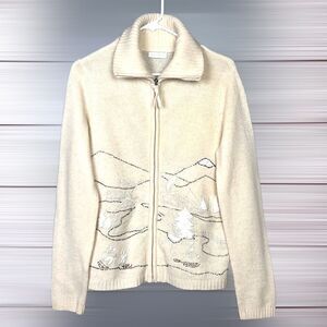 Vintage Charter Club Embroidered Winter Skating Scene Wool Blend Zip Front S-M